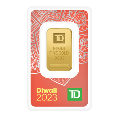 A picture of a 5 gram TD Diwali Gold Bar (2023)